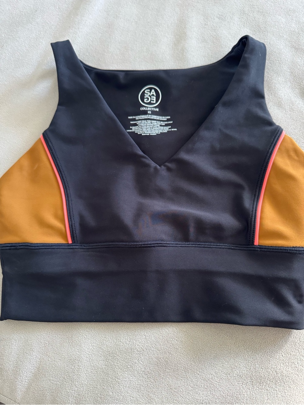Sage Collective Black Sports Bra with Mustard Panels and Pink Trim